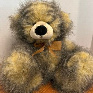 Russ Fluffy Feathery Gray and Tan Bear with Gold Bow
